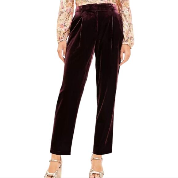 Loft Crushed Blackberry Pleated Velvet Tapered Leg Back Elastic Comfy Pants 14 - Picture 2 of 7